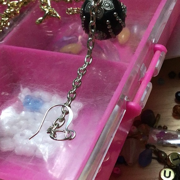 Large black and silver bead on silver metal chain .. fish hook earrings - Picture 4 of 4